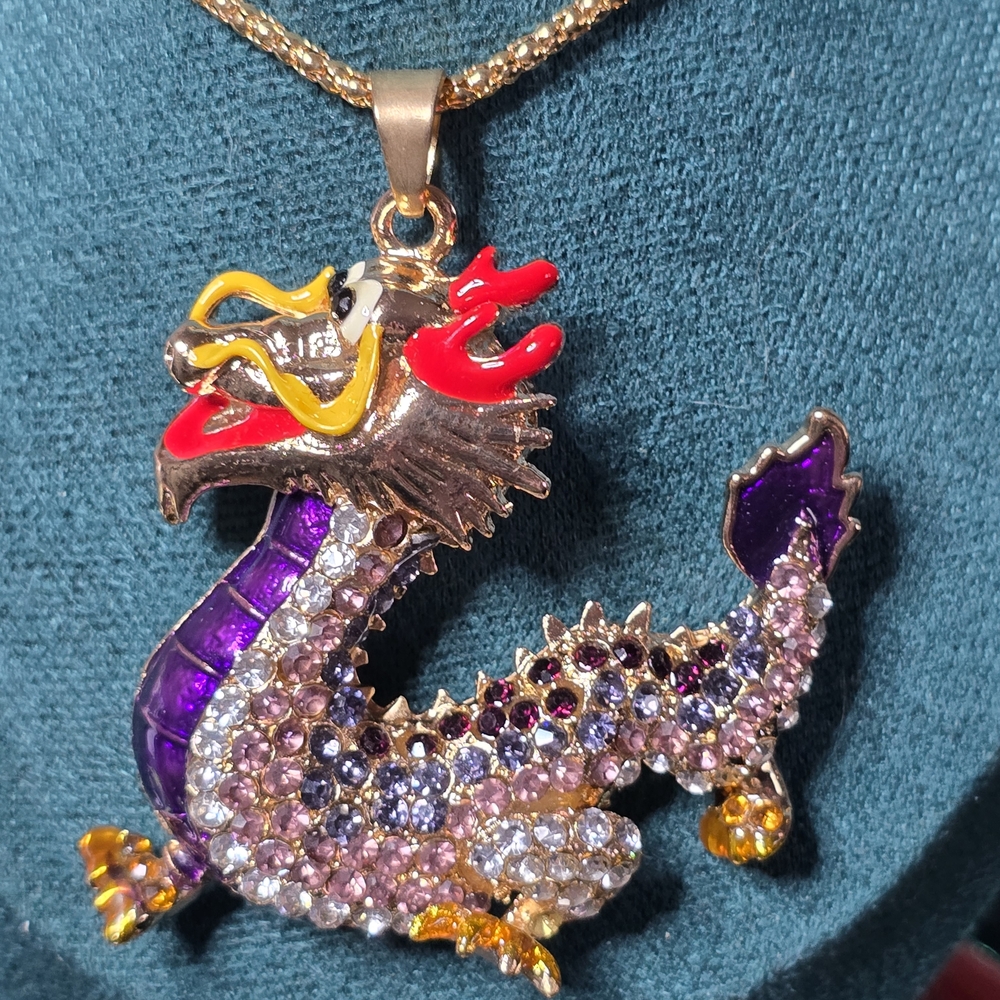 Betsey Johnson Purple, Gold & Red Dragon Pendant Necklace